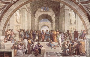 Raffaello Sanzio: “La Scuola di Atene“, stanza della Segnatura (Vaticano), fra il 1509 ed il 1511, misura 772 cm. (base) x 500 cm. (altezza).